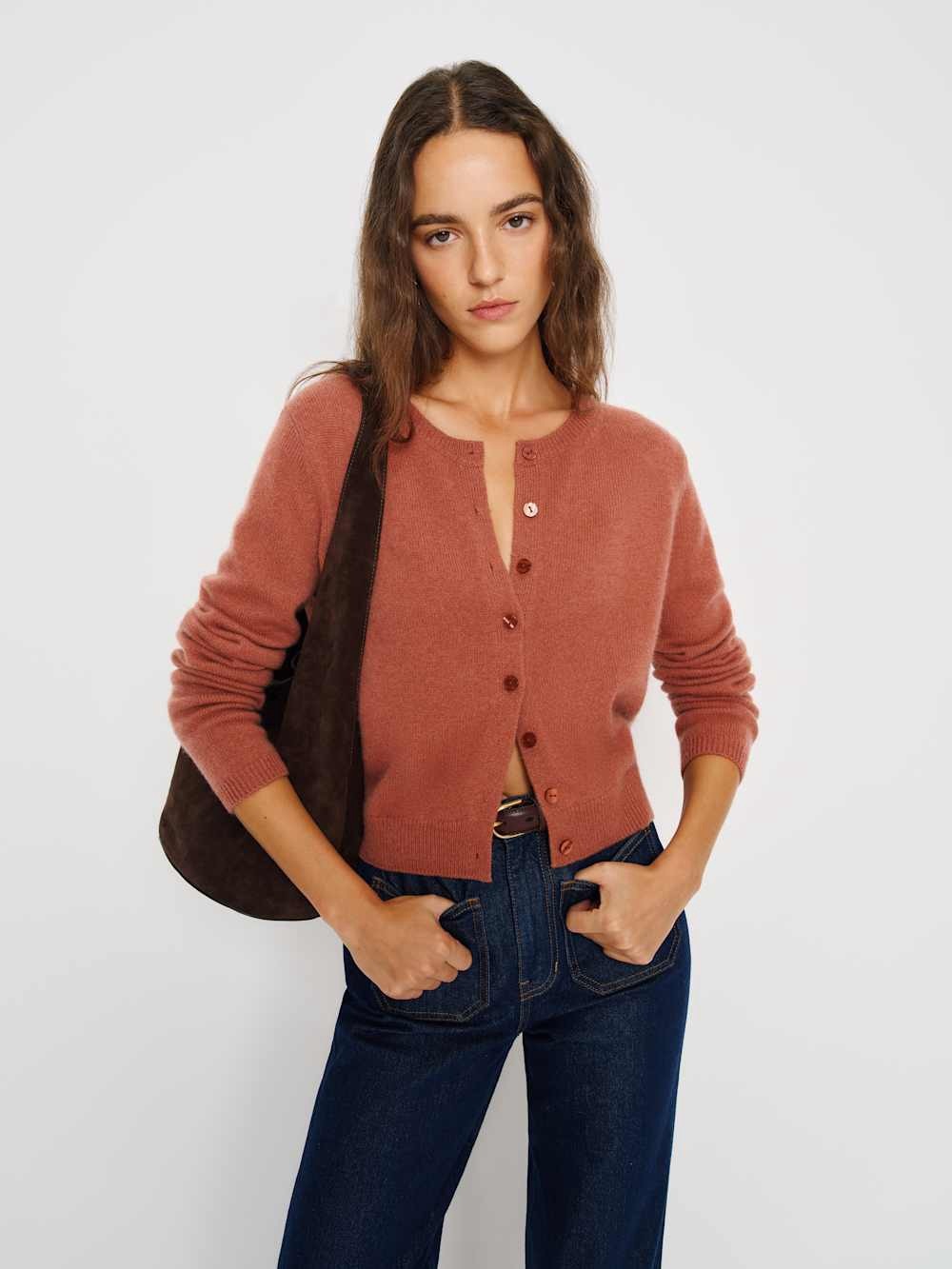 Reformation Clara Cashmere Crew Cardigan in Rosewood